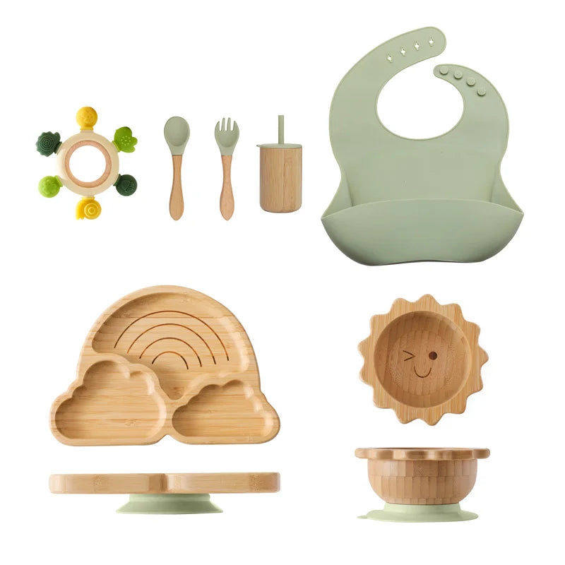7pcs Silicone Baby Feeding Set Baby Feeding Supplies Kids Bamboo Dinnerware