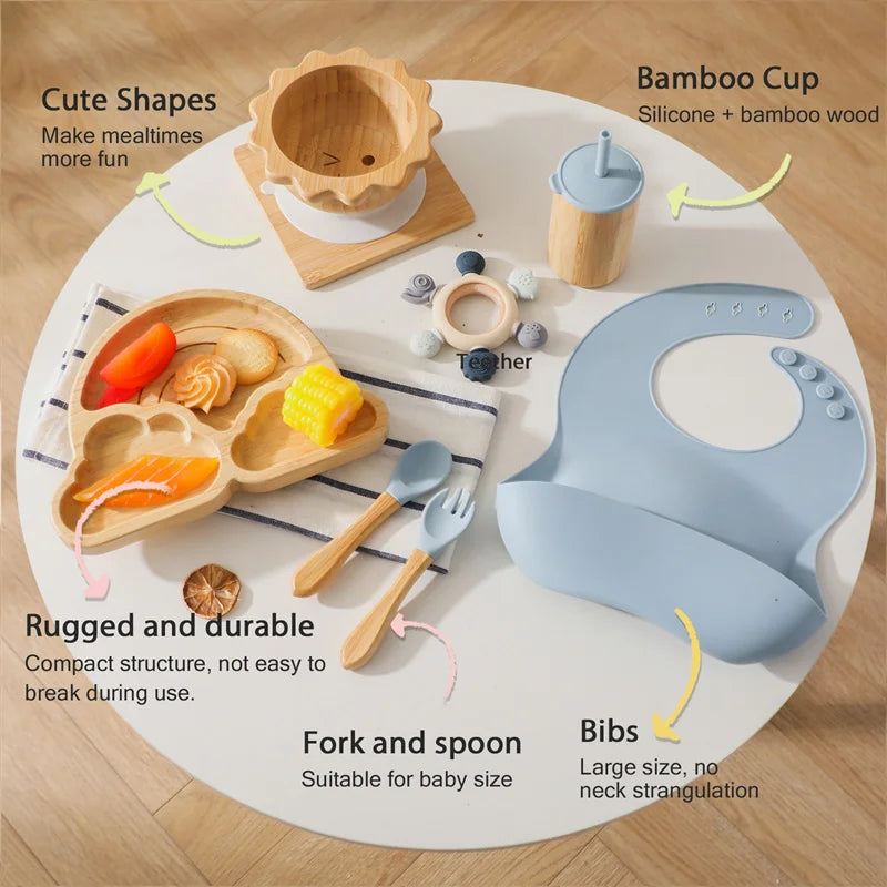 7pcs Silicone Baby Feeding Set Baby Feeding Supplies Kids Bamboo Dinnerware