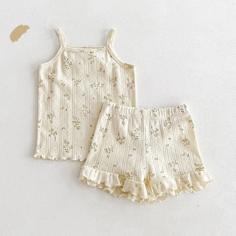 Fashion Baby Girl Cotton Floral Print Clothes Set Strap