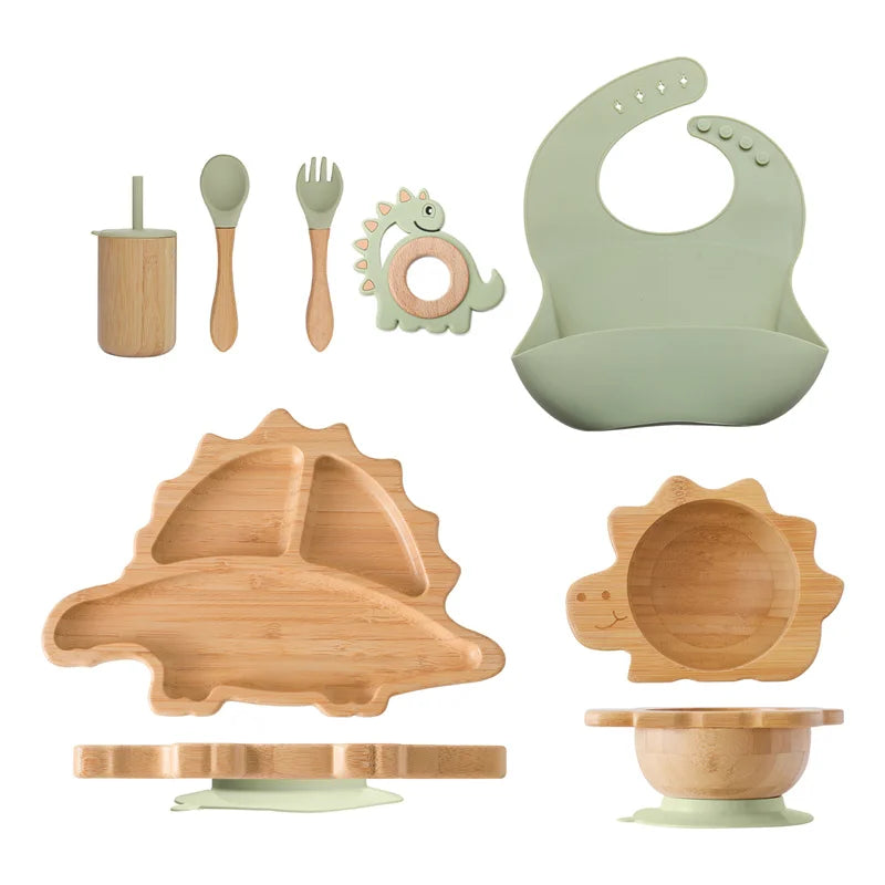 7pcs Silicone Baby Feeding Set Baby Feeding Supplies Kids Bamboo Dinnerware