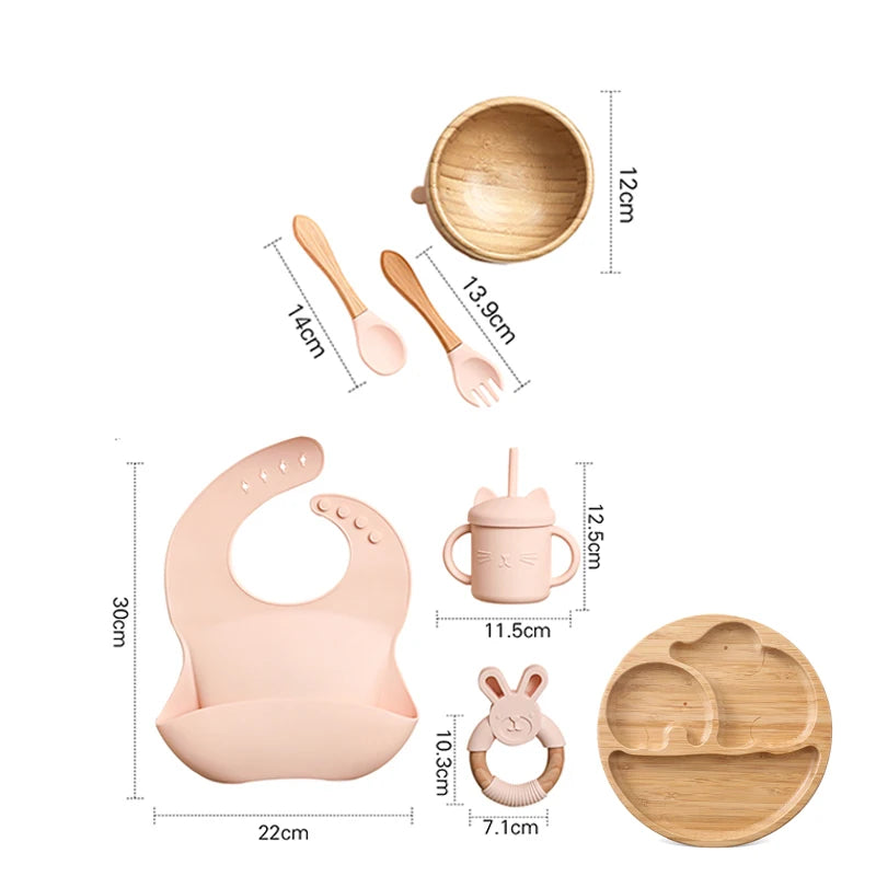 7pcs Silicone Baby Feeding Set Baby Feeding Supplies Kids Bamboo Dinnerware