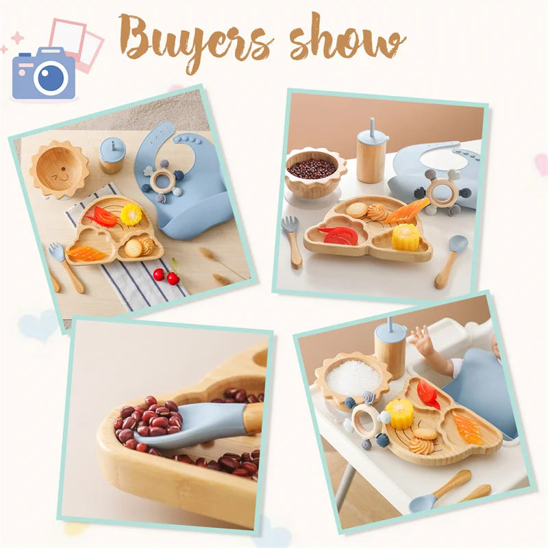 7pcs Silicone Baby Feeding Set Baby Feeding Supplies Kids Bamboo Dinnerware