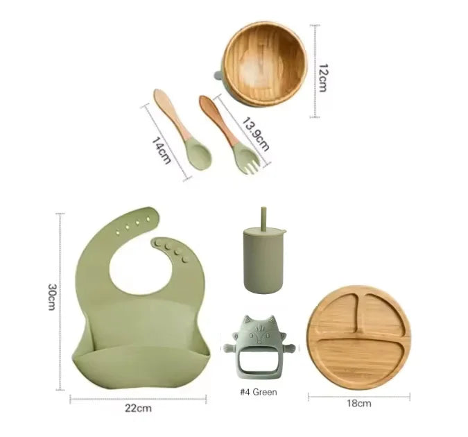 7pcs Silicone Baby Feeding Set Baby Feeding Supplies Kids Bamboo Dinnerware
