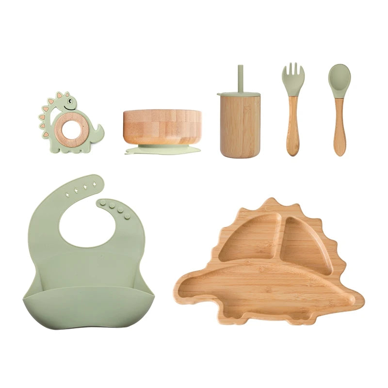 7pcs Silicone Baby Feeding Set Baby Feeding Supplies Kids Bamboo Dinnerware
