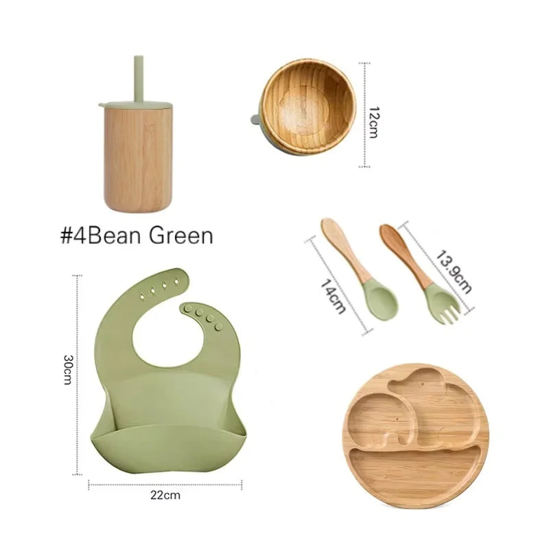 7pcs Silicone Baby Feeding Set Baby Feeding Supplies Kids Bamboo Dinnerware