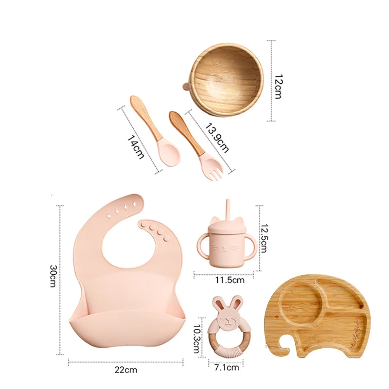 7pcs Silicone Baby Feeding Set Baby Feeding Supplies Kids Bamboo Dinnerware