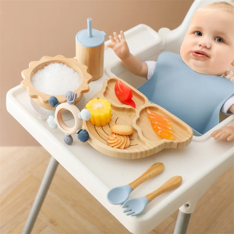 7pcs Silicone Baby Feeding Set Baby Feeding Supplies Kids Bamboo Dinnerware