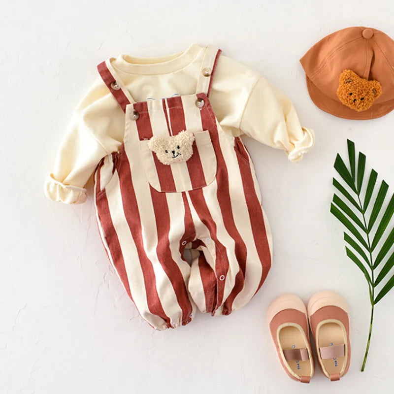 Striped Baby Romper with Bear Doll – Cute Infant Overall One-Piece